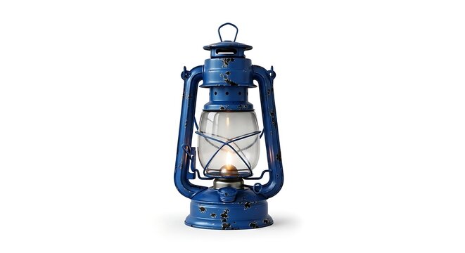 Vintage Blue Metal Lantern on White Background.