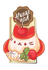 Kawaii Cat Panna Cotta Pudding Illustration - Cute Kitten Dessert with Cherry Glaze and Mint for Bakery Label