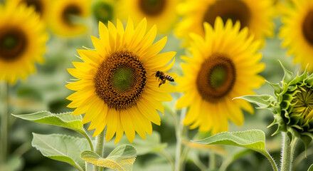 Obraz premium Realistic photo of a blooming yellow sunflower with a bee collecting nectar in a field, showing natural beauty, pollination, and a bright summer atmosphere.