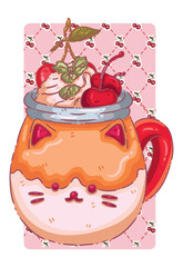 Kawaii Cat-Shaped Mug Sundae Illustration - Cute Kitten Dessert with Whipped Cream, Cherries, and Mint