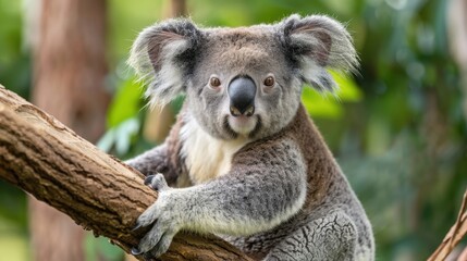 Fototapeta premium Cute Koala Sitting on Tree Branch in Natural Habitat Surrounded by Lush Greenery
