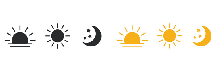 Day and night icons set. Morning sunrise, noon sun, and night moon with stars symbols. Morning and night. Day and night weather forecast symbol. Rising and setting sun, crescent moon, and star © Iconpro333 