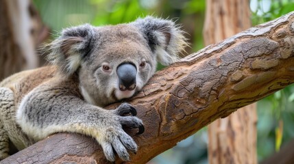 Obraz premium Adorable Koala Relaxing on Tree Branch in Australian Habitat, Close-Up View Capturing Its Unique Features and Fur Texture