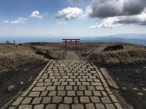 Picturesque landscape scenery with Ashi Lake and Hakone Shrine in Fujihakoneizu National park, popular tourist nature leisure getaway close to Tokyo in Japan with Mount Fuji Fujiama
