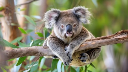 Adorable koala resting on a tree branch surrounded by lush green leaves in a natural habitat setting