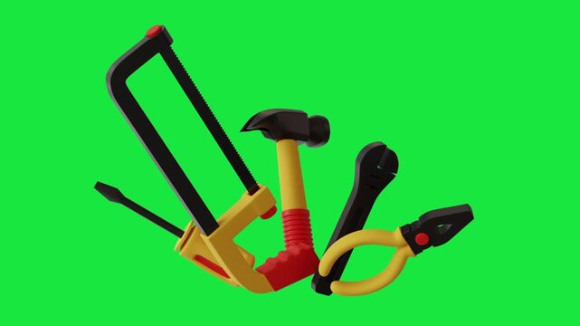Hand tools set group: hammer, wrench, pliers, screwdriver and saw rotate on green screen background