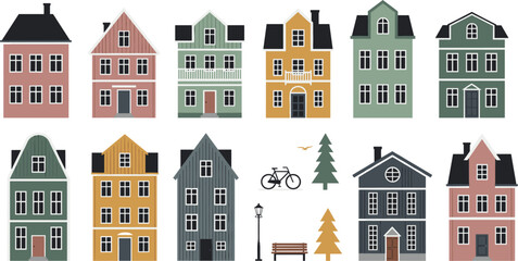 Flat colorful European houses set with residential buildings trees bicycle and street elements vector illustration © Jesika!