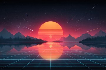 Obraz premium Futuristic Sunset Landscape with Grid Reflection and Shooting Stars in Retro Style Digital Art