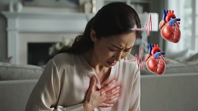 heart attack of an Asian woman showing intense emotional distress, fear, and discomfort, potentially experiencing a medical emergency or severe anxiety indoors.