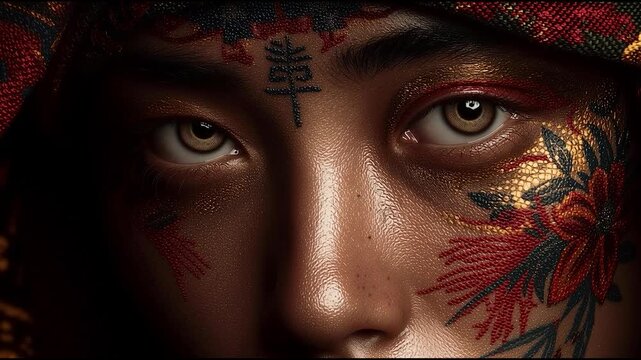 Close-up portrait of woman with intricate floral face paint and golden makeup under patterned fabric hood