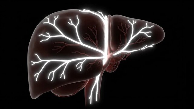 3D rendering of a human liver with glowing internal structures on a dark background, illustrating its complex vascular system.