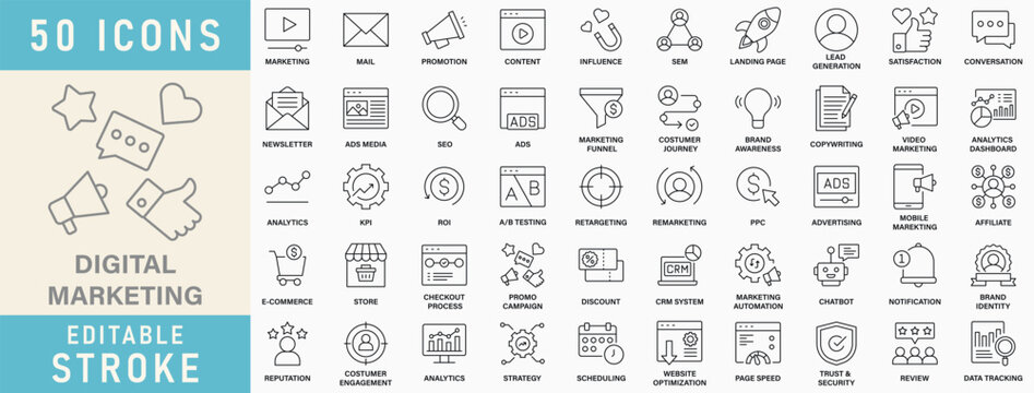 Digital marketing icon collection. Editable stroke. Vector illustration.
