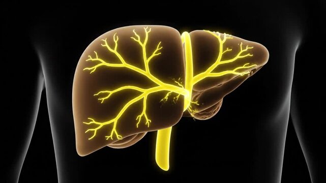 3D rendering of a human liver with illuminated internal bile ducts or vascular system.