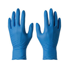 Obraz premium A pair of blue disposable nitrile gloves held up against a plain background