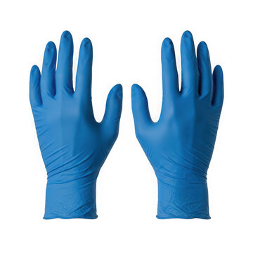 A pair of blue disposable nitrile gloves held up against a plain background