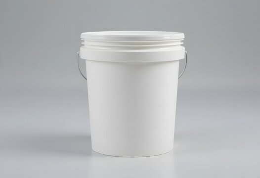 White plastic bucket with a lid placed on a neutral background.  5 gallon pail 
