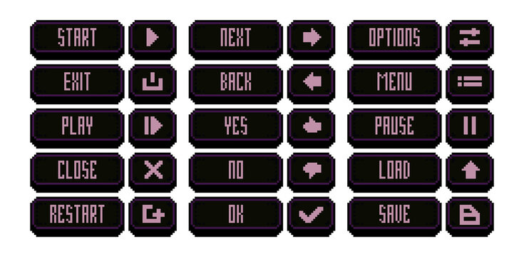 Pixel art game menu button set in black and pink. Includes start, exit, options, and icons for play, save, and settings. Perfect for mobile or indie games with a soft retro aesthetic.