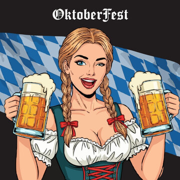 Oktoberfest Party Girl Winking Vector Graphic. Vibrant pop art illustration of a girl celebrating Oktoberfest with a beer.
