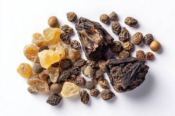 Obraz premium Assortment of natural raw resin pieces, frankincense, and myrrh