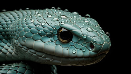 Fototapeta premium Realistic close-up of a green snake head with water droplets on its scales against a black background, highlighting texture detail, wildlife beauty, and a mysterious reptile mood.