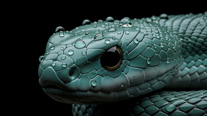 Fototapeta premium Realistic close-up of a green snake head with water droplets on its scales against a black background, highlighting texture detail, wildlife beauty, and a mysterious reptile mood.