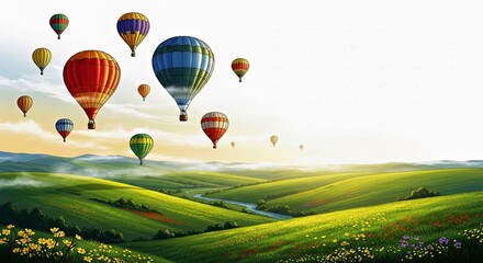 Fototapeta premium Colorful Hot Air Balloons Over Scenic Landscape Photography