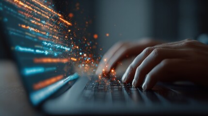 Hands typing on laptop keyboard with data streams abstract background