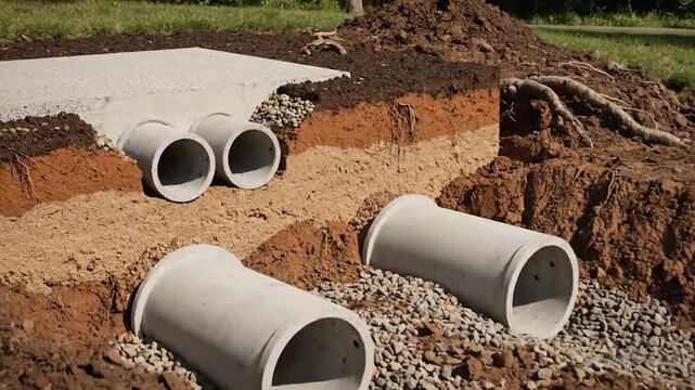 Cross-section of ground revealing concrete structures, soil layers, and drainage pipes