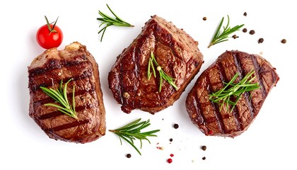 Grilled steak with herbs, in studio, view from above, isolated on white background