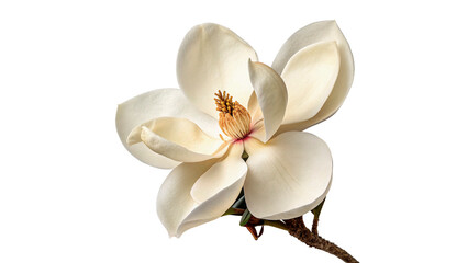 Beautiful white magnolia bloom flower opens wide, displaying smooth petals and a yellow center  isolated on transparent background cut out © Ivan