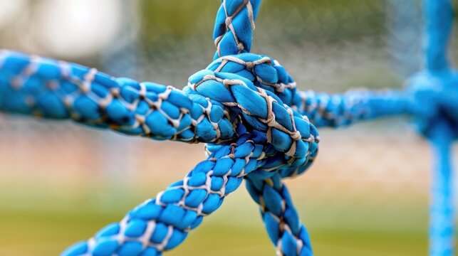 Close-Up View of Blue Rope Knot on Outdoor Equipment with Blurred Background Highlights for Sports and Recreation Themes