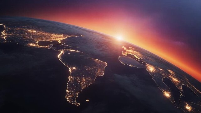 A breathtaking view of Americas at sunrise with illuminated city lights from space, showcasing global activity and natural beauty