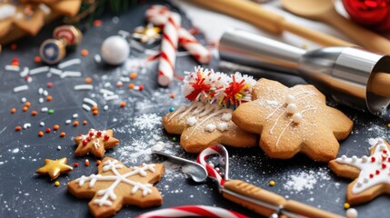 Festive Christmas Scene with Gingerbread Cookies, Sugar Decorations, and Baking Utensils on a Wooden Table