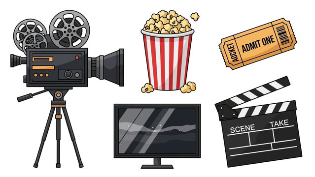 Film and cinema essentials vintage camera, popcorn, movie ticket, TV screen, and clapperboard for entertainment