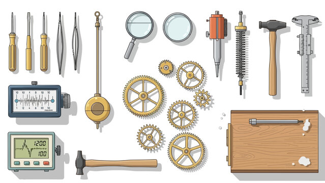 Flat lay assortment of vintage precision engineering tools and intricate clockmaker's equipment, featuring gears, measuring instruments, and hand tools for delicate mechanical work