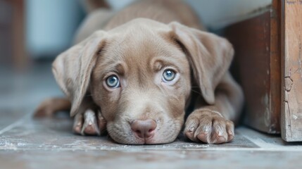 Adorable brown puppy with striking blue eyes lying on the floor, showcasing a curious and affectionate demeanor in a cozy indoor setting