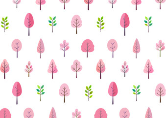 桜の木の背景　桜とピンクの花の木の手描き風イラスト　北欧風