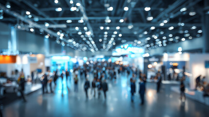 Fototapeta premium A busy trade show floor filled with people and illuminated by bright lights creating a vibrant atmosphere.