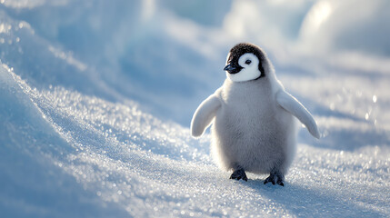 A charming penguin chick waddles through the snowy landscape, showcasing the beauty of wildlife in its natural habitat.