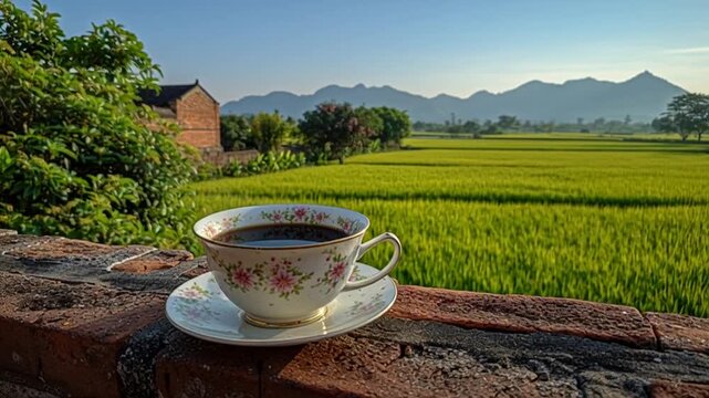 A serene cup of coffee on a rustic brick wall overlooking a lush green field and mountains.