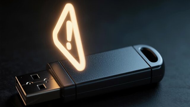 USB flash drive data storage with glowing warning sign highlights real time data leakage risks cybersecurity threat protection identifies breach prevents sensitive data loss AI technology safeguards