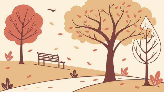 Autumn scene with trees, bench, and pathway in a park during fall season with leaves on the ground and in the air