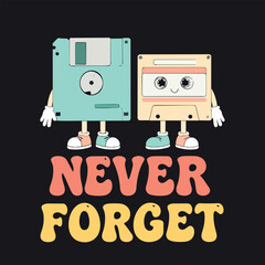 Never Forget &ndash; Cute Retro Floppy Disk and Cassette Tape Characters Vector Illustration