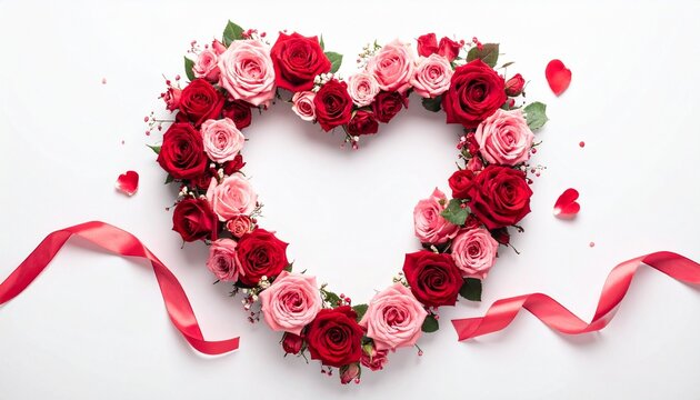 Romantic rose heart with red ribbon bow.