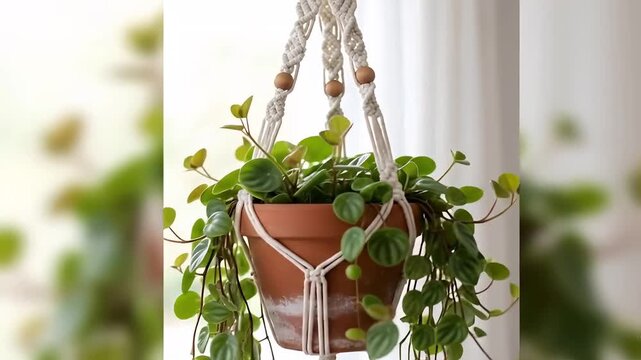 A lush green houseplant in a terracotta pot is suspended in a macrame hanger near a sunlit window.