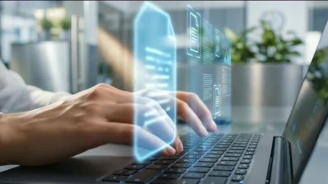 Cinematic 4K Close Up of a Business Professional Typing on a Laptop with Holographic Digital Document and Data Interface Overlays