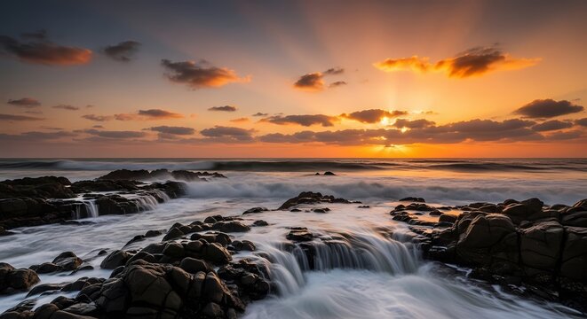 Rocky coastline at sunset with dramatic sky and ocean waves, creating a cinematic and peaceful seascape.