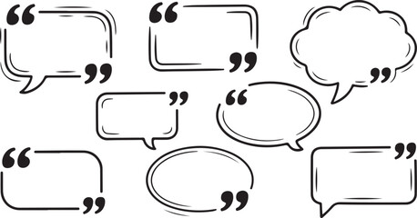 Obraz premium Multiple black outlined speech bubbles with quotation marks convey dialogue and communication on a white surface