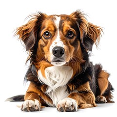 Fototapeta premium Brown, black, and white dog laying down on a white background, looking directly at the camera with sweet, big eyes