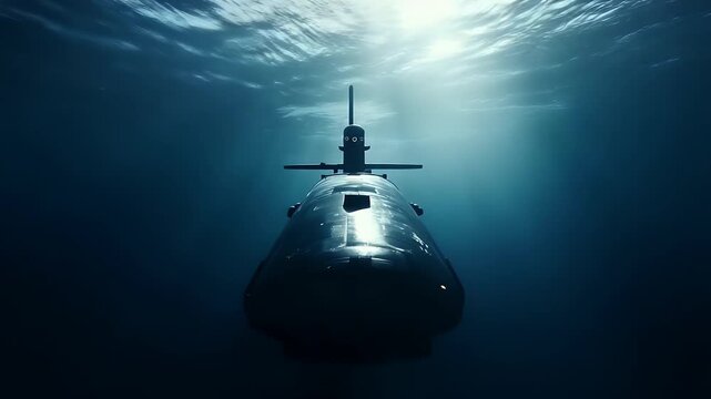 Dramatic underwater scene of a submarine exploring ocean depths with sunlight filtering through waves, evoking a sense of adventure and discovery
